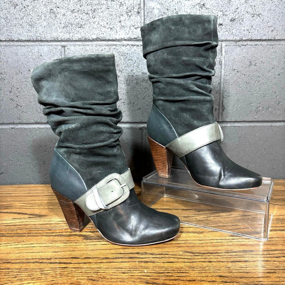 Fossil Black Leather Suede Slouch Boots Buckle Mid Calf Women’s 7.5